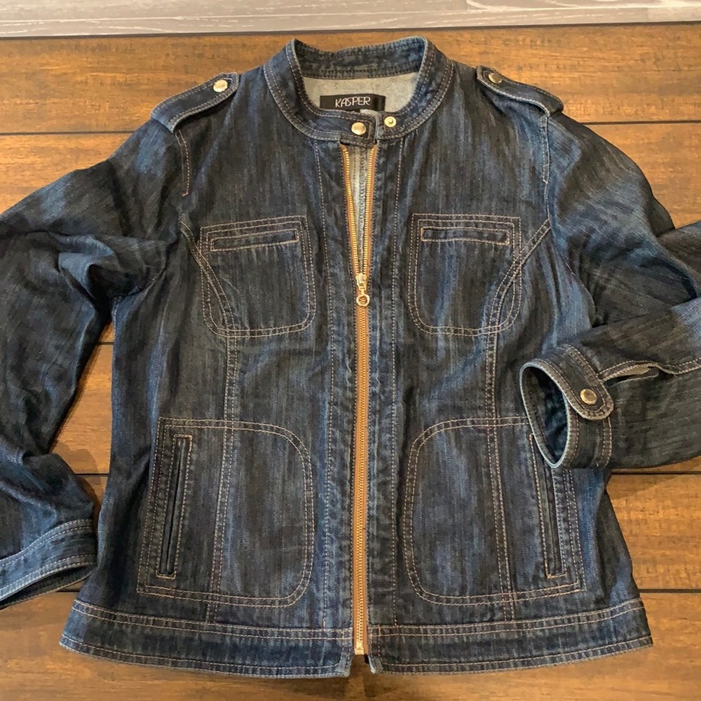 Denim jacket with gold accents and snap cuffs
